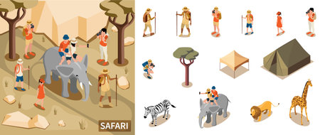 Safari tourist composition with sightseeing and exploration symbols isometric isolated vector illustrationのイラスト素材