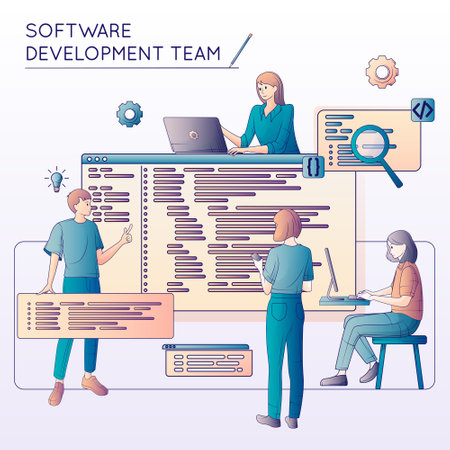 Software development flat line composition with doodle human characters computer windows lines of code and gears vector illustrationのイラスト素材