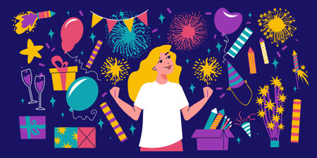 Firework flat items set with happy girl and celebration symbols vector illustrationのイラスト素材