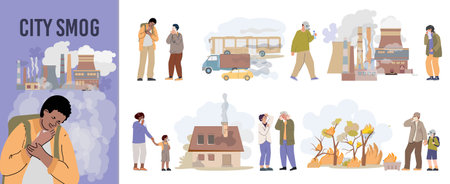 City smog flat composition with choking person toxic factory and set of isolated outdoor fog compositions vector illustrationのイラスト素材