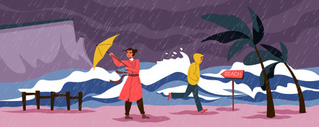 Rain storm flat concept with people near seashore vector illustrationのイラスト素材