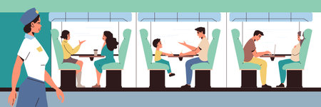 Railway station flat concept with passengers in train interior vector illustrationのイラスト素材