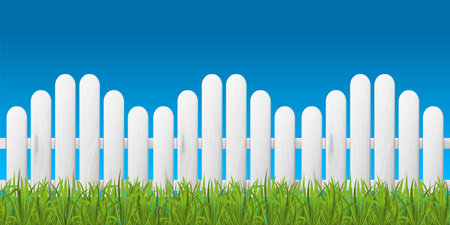 Rustic composition with green grass and white wooden fence on clear blue sky realistic background vector illustrationのイラスト素材