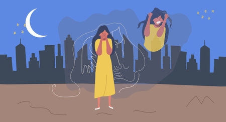 Mental disorders flat composition with night cityscape scenery and doodle character of woman with split mind vector illustrationのイラスト素材