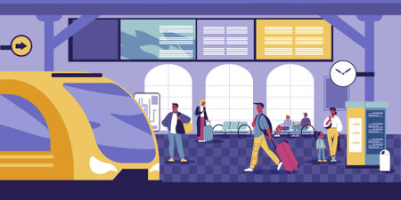 Railway station flat concept with  passengers entering train vector illustrationのイラスト素材