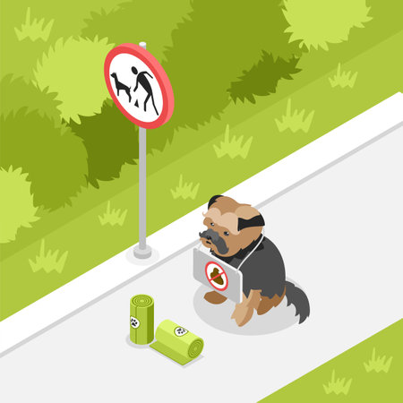 People clean after dogs isometric composition with puppy sitting in park with no poop sign vector illustrationのイラスト素材