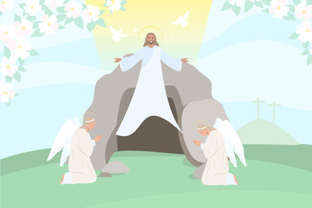Jesus christ resurrection with angles doves and divine light flat vector illustrationのイラスト素材