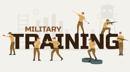 Military training flat text composition with fighting shooting fleeing soldiers in special training vector illustrationのイラスト素材