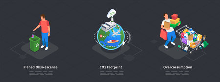 Consumerism isometric concept with overconsumption and food obsolence symbols isolated vector...