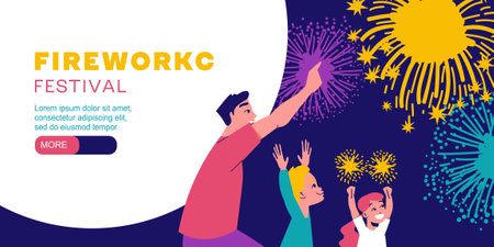 Firework festival flat banner with happy father and kids watching salute vector illustrationのイラスト素材