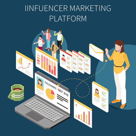 Influencer marketing isometric composition with computer screens user profiles message icons characters of followers and text vector illustrationのイラスト素材
