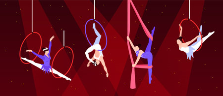 Isometric circus composition with characters of aerial performers female trapeze artists flying and hanging on rings vector illustrationのイラスト素材