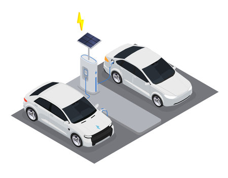 Electromobile transport isometric concept with electric cars charging with solar panel vector illustrationのイラスト素材
