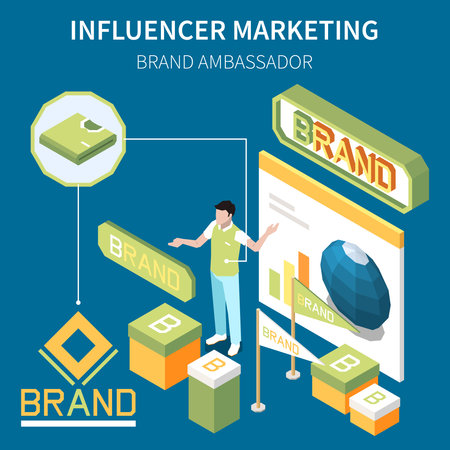 Influencer marketing isometric composition with male character presenting brand strategy with boxes charts flags and text vector illustrationのイラスト素材