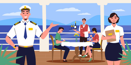 Ship crew flat composition with captain and passengers on deck vector illustrationのイラスト素材