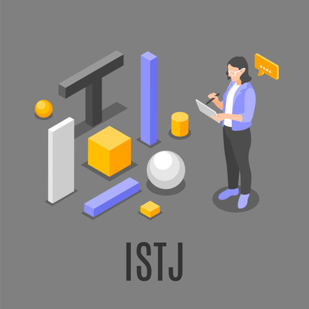 Istj mbti type isometric composition with geometric figures and female character writing on tablet on grey background vector illustrationのイラスト素材