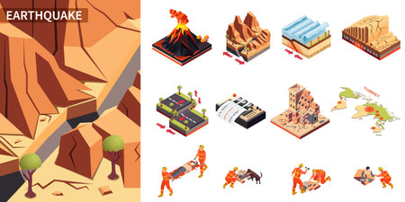 Earthquake disaster composition with volcanic eruption and tectonic plates shifting symbols isometric isolated vector illustrationのイラスト素材