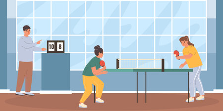 flat concept with young women playing table tennis vector illustrationのイラスト素材