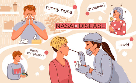 Nasal diseases flat collage demonstrating runny nose anosmia nasal congestion covid vector illustrationのイラスト素材