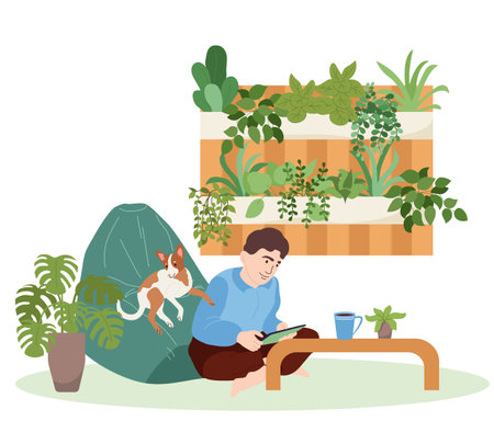 Green workplace flat composition with male character relaxing with his dog surrounded by domestic plants vector illustrationのイラスト素材