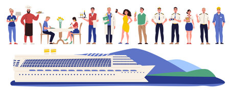 Ship sailor flat icons set with cruise yacht crew members isolated vector illustrationのイラスト素材
