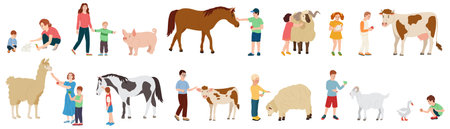 Contact farm flat icons set of people spending time in animal petting park on weekend leisure isolated vector illustrationのイラスト素材