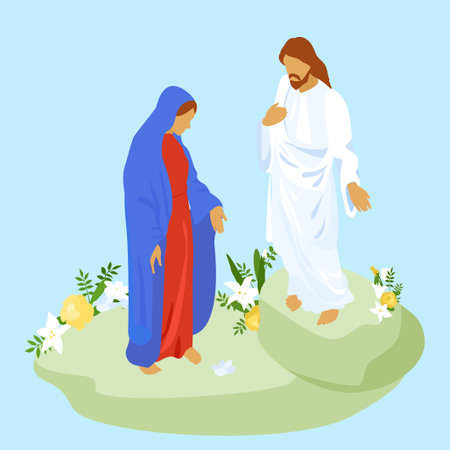 Isometric characters of jesus christ and virgin mary on blue background vector illustrationのイラスト素材