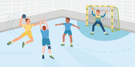 Female player throwing ball during handball match flat vector illustrationのイラスト素材