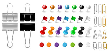 Office paper clips pins and clamps realistic set isolated at white background vector illustrationのイラスト素材