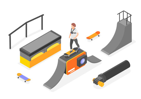 Action camera activities isometric composition with man training in skateboard park and making video vector illustrationのイラスト素材