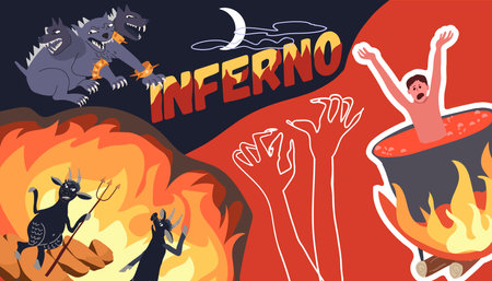 Hell underworld composition with collage of flat icons with characters of devils beast and boiling human vector illustrationのイラスト素材