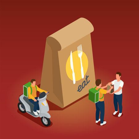Cloud kitchen service concept with package and delivery symbols isometric vector illustrationのイラスト素材