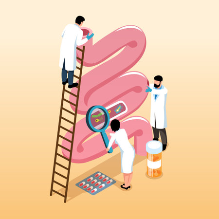 Gastroenterology isometric concept with group of gastroenterologists examining intestines vector illustrationのイラスト素材
