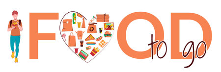 Food to go flat text with big letters for header and little paper bags containers and packages vector illustrationのイラスト素材