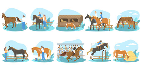 People riding horseback looking after horses running in race flat set isolated vector illustrationのイラスト素材