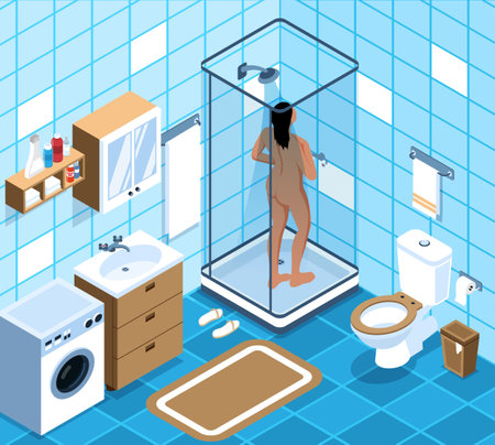 Isometric hygiene composition with bathroom interior with toilet bowl sink and wash cabin with bathing woman vector illustrationのイラスト素材