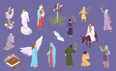 Easter isometric set with characters of jesus christ and virgin mary isolated on color background 3d vector illustrationのイラスト素材