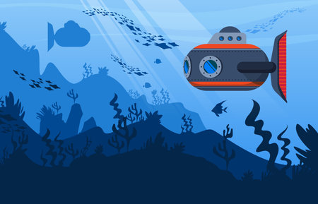 Submarine background with underwater flora and fauna symbols  realistic vector illustrationのイラスト素材