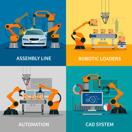 Automation concept icons set with assembly line and CAD system symbols flat isolated vector illustrationのイラスト素材