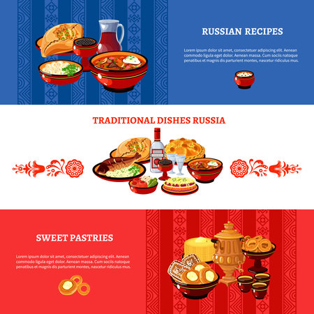 Russian cuisine flat national flag colors horizontal banners set with traditional dishes and pastry recipes abstract vector illustrationのイラスト素材