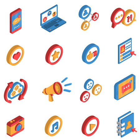 Isometric isolated icon set  with decorative colorful symbols and elements of social network and internet vector illustrationのイラスト素材