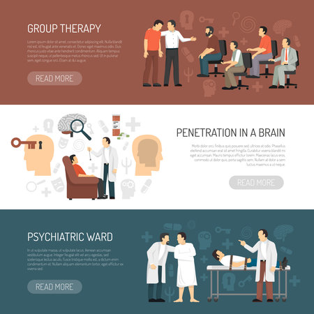 Psychologist horizontal banners with session of group psychotherapy penetration in brain and psychiatric ward icons compositions flat vector illustrationのイラスト素材
