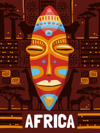 Colorful tribal ethnic mask template on african background with animals isolated vector illustrationのイラスト素材