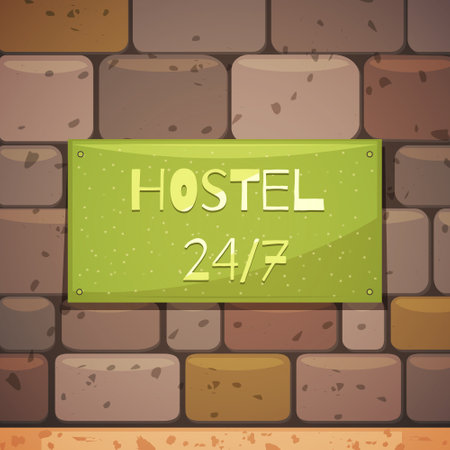 Hostel signboard with address on brick wall of guest house retro background flat vector illustrationのイラスト素材
