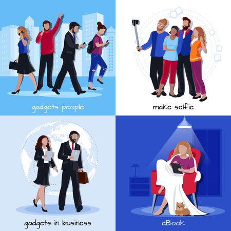 Office home gadgets for work leisure fun and education 4 flat icons square isolated vector illustrationのイラスト素材