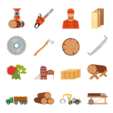 Sawmill timber flat isolated icons set with professional equipment tools and goods images on blank background vector illustrationのイラスト素材