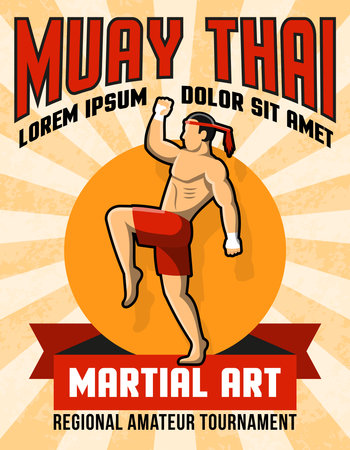 Muay thai martial art poster with fighter in center in yellow and red colors vector illustrationのイラスト素材