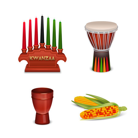 Kwanzaa holiday celebrations 4 basic cultural symbols square composition with corn and candle holder isolated vector illustrationのイラスト素材