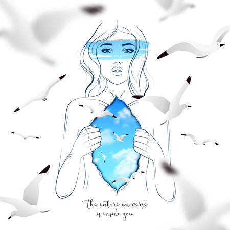 Abstract poster with sketch of beautiful woman opening her inner world shown like sky and gulls vector illustrationのイラスト素材