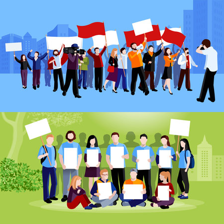 Demonstration protest people holding placards megaphones and flags and reporters with cameras on blue and green cityscape backgrounds flat isolated vector illustrationのイラスト素材